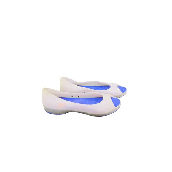 🩴 Crocs W9 White purple Open Toe Slip On Flats Lightweight Water Friendly - Picture 2 of 7